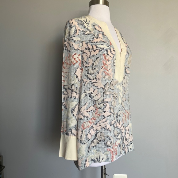 Tory Burch Silk Leaves Floral Sea corals Mosaic Print Dotted Blouse Tunic Top 4 - Picture 3 of 11